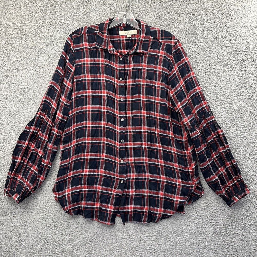 Loft Puff Sleeve Plaid Button Up Shirt Casual Preppy Office Travel‎ Women's M